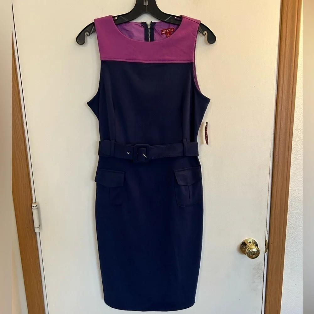 NWT Size 2 Merona Belted Blue Shift Dress Size 10 Church or Cruise business